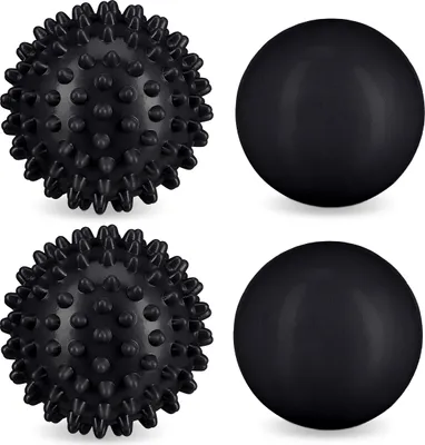 Produktbild von Relaxdays Massageball 4er Set, Igelball & glatter Lacrosse-Ball, Ø 6,5 & 6 cm, Selbstmassage, Faszienball hart, schwarz