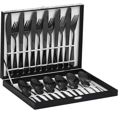 Produktbild von Besteckset 24 Teile Edelstahl 18/10 Schwarz für 6 Personen mit Esslöffel, Gabel, Messer, Teelöffel, Spülmaschinenfest