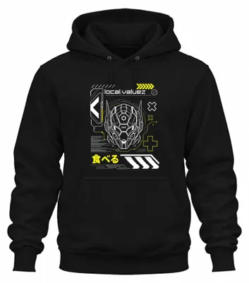 Obrázok produktu pre Cyberpunk, mechanický robot, japonský štýl, motív jedla, Japonsko, obdobie Y2K, futuristická mikina s kapucňou, čierna, veľkosť L