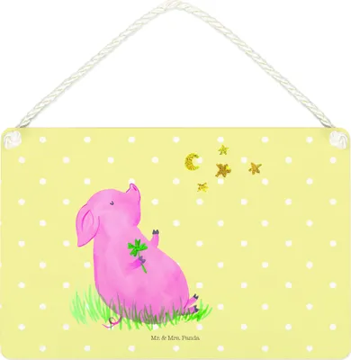 Produktbild von Mr. & Mrs. Panda Deko Schild Schwein Glück DIN A4 - Gelb Pastell - Geschenk, wandtafel, Schweinchen, Holzschild, Sterne, Glücksbringer, Wandbild Holz, Motivation, Träume