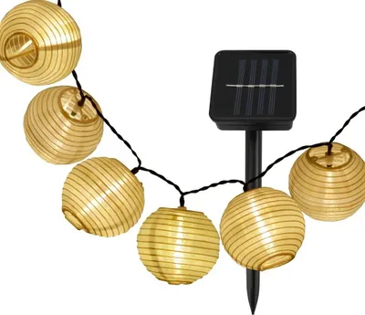 A string of solar-powered lantern lights with a solar panel.