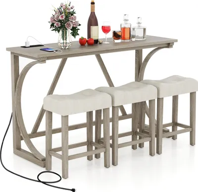 Produktbild von COSTWAY Bartisch holz mit Barhocker Set, 2-3 Personen Bartisch Set, mit 2 Steckdosen & 2 USB-Anschlüssen, Essgruppe Tresentisch Küchentisch Set, Grau
