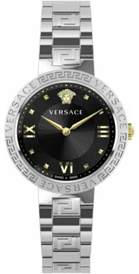 Produktbild von Versace Greca Lady Damenarmbanduhr Schwarz Silber
