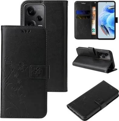 Produktbild von Handyhülle für Xiaomi Redmi Note 12 Pro 5G Floral Blumen Schmetterling Flip Cover Hülle Case Klapphülle Handytasche Farbe: Schwarz