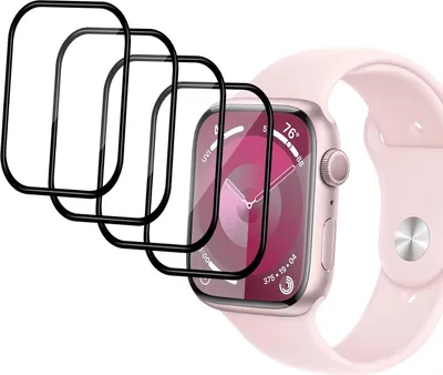 A pink Apple Watch with a screen protector and three other screen protectors in the foreground.
