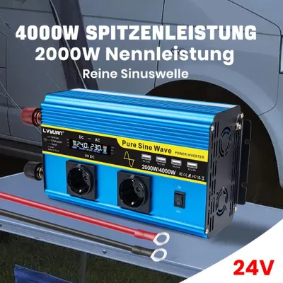 Obrázek produktu pro Měnič napětí – 12V na 220V – Výkon 2000W (trvalý výkon) – Čistá sinusoida s LCD displejem a USB porty