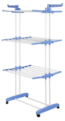 Produktbild von Klappbarer Wäscheständer - Wäschetrockner mit Rollen - 3-stöckiger Flügelständer - große Kapazität - Edelstahl - Größe L - blau-weiß