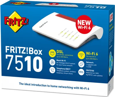 Produktbild von Box 7510 INT, Wi-Fi 6 (802.11ax), Einzelband (2,4GHz), Ethernet/LAN, ADSL, Weiß, Tabletop-Router
