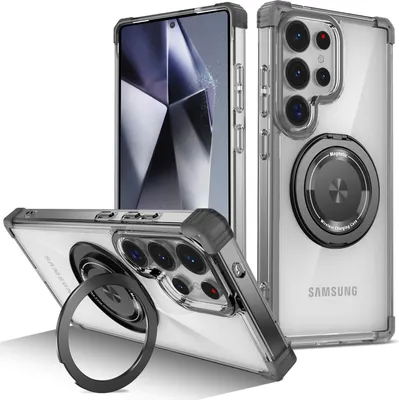 Obrázek produktu pro Pouzdro pro Samsung Galaxy S26 Ultra magnetický držák prstenu, stojánek, kompatibilní s MagSafe, vojenská ochrana, průhledné pouzdro černé