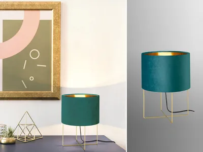 Produktbild von Tischlampe mit Lampenschirm Samt Türkis & Gold Ø24cm - Retro Nachttischlampe LED
