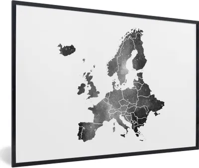 Produktbild von MuchoWow® Gerahmtes Poster Europa-Karte in Aquarell - schwarz und weiß 60x40 cm - Poster mit Schwarzem Bilderrahmen Wandposter Rahmen Foto Bilder - Printing - Wanddeko Schlafzimmer