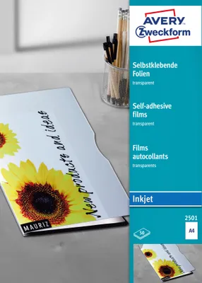 Produktbild von Avery Zweckform 2501 Transparente, selbstklebende Folien, DIN A4, spezialbeschichtet, stapelverarbeitbar, selbstklebend, Stärke: 0,17 mm, 50 Blatt