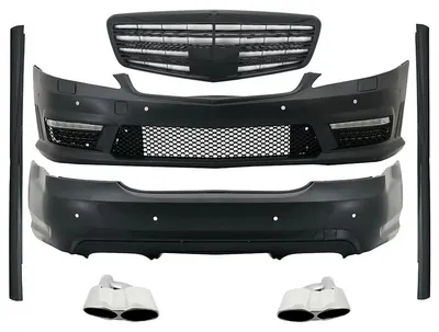 Imagen del producto de Kit de carrocería para Mercedes S W221 (2005-2011): parrilla delantera en  brillante y escapes deportivos.