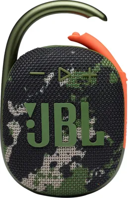 A close-up studio shot of a JBL Clip 4 portable Bluetooth speaker with a camouflage pattern.