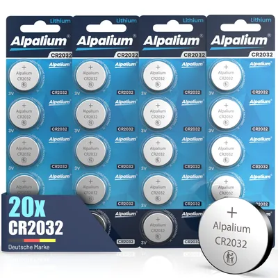 Multiple blister packs of CR2032 lithium coin cell batteries, with one battery shown separately.