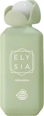A light green bottle of perfume with a white cap and a white geometric design on the front.