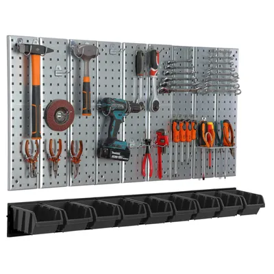 Obrázek produktu pro Nástěnka na nářadí 117x72cm Kovový úložný systém s držáky na nářadí Háčky na nářadí 9 stohovacích boxů Černá dílna Garážová kolíkovací deska Elektrické nářadí Děrovaná stěna