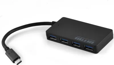 A black USB 3.0 hub with a USB-C connector is shown on a white background.
