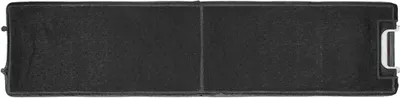 A top-down view of a black carbon filter with a silver handle attachment on the right side.