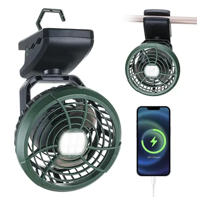 Produktbild von Camping Ventilator mit LED Licht, 5000mAh Akku, Clip & Magnetfuß, USB-C, 3 Stufen, leise, 360° drehbar, für Zelt Wohnmobil Kinderwagen