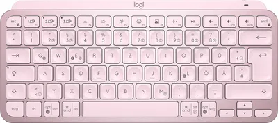 A top-down view of a pink Logitech MX Keys Mini keyboard.