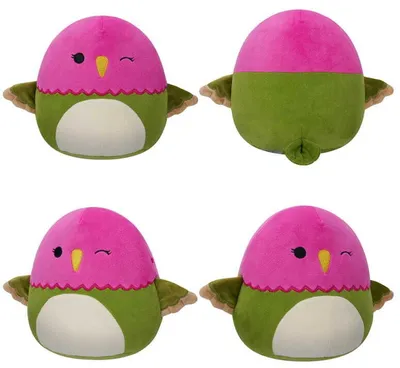 Four different views of a plush toy bird.