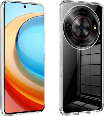 A clear protective phone case is shown from the front and back.