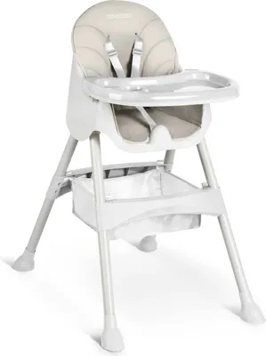 A studio shot of a gray and white high chair.