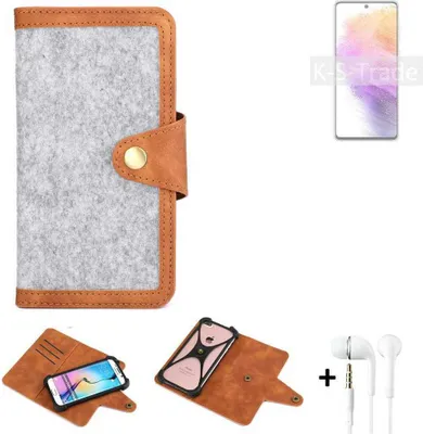 Produktbild von K-S-Trade Handyhülle + Kopfhörer kompatibel mit Samsung Galaxy A73 5G Schutzhülle Filz Hülle Kunstleder hellgrau braun (1x)