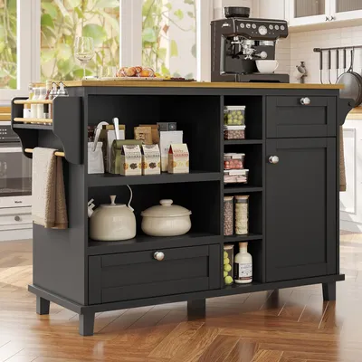 Produktbild von Odikalo Kücheninsel Esszimmertisch Esswagen Flurschrank Schubladen Stauraum Schwarz