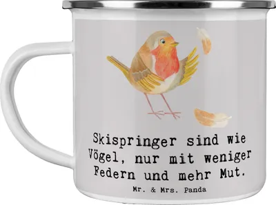 Produktbild von Mr. & Mrs. Panda Teetasse Skispringen Mut - Grau Pastell - Geschenk, Teebecher, Emaille Tasse, Pott, Skispringer, Humor, Sportler, Geschenke, Sport, Skispringwettbewerb