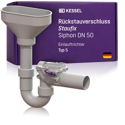 Produktbild von KESSEL Staufix Siphon DN 50 Typ 5 Rückstauverschluss Einlauftrichter, 73053, korrosionsfrei Fäkalienfreies Abwasser, 2 Klappen + Notverschluss