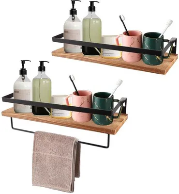 Obrázek produktu pro Ibenzoa® Sada dvou závěsných dřevěných nástěnných polic, 40 cm, rustikální světle hnědé barvy, odnímatelný držák na ručníky, nosnost 8 kg, univerzální použití pro koupelnu a kuchyň