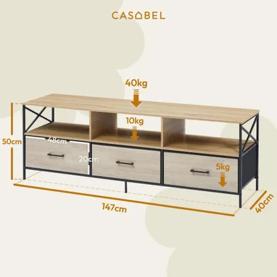 Produktbild von CASABEL TV-Schrank 147 cm, Holz und schwarzes Metall, 3 Stoffschubladen