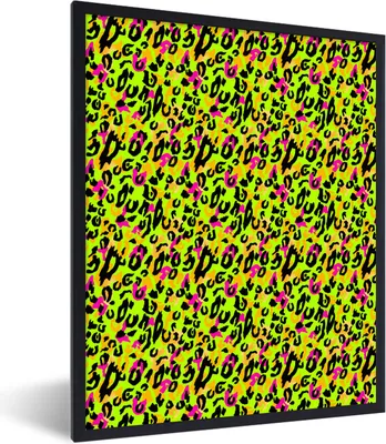 Produktbild von MuchoWow® Gerahmtes Poster Pantherdruck - Neon - Gelb - Rosa 60x80 cm - Poster mit Schwarzem Bilderrahmen Wandposter Rahmen Foto Bilder - Premium - Wanddeko Wohnzimmer