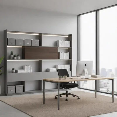 Image de Armoire de bureau moderne avec étagères en bois, éclairage LED et espace de rangement
