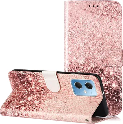 A rose gold glitter phone case is shown in an open and closed position against a white background.