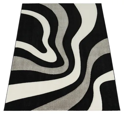 Produktbild von Designer Teppich mit Konturenschnitt Wellen Muster Schwarz Grau Weiss Grösse 80x150 cm