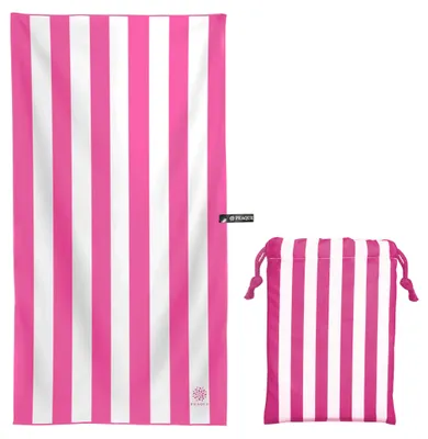 Produktbild von PEAQUE Mikrofaser-Handtuch mit Tasche - 80x160 cm - Pink/Weiß - gestreiftes Badetuch, Reisehandtuch, Microfaser Handtücher, leicht, schnelltrocknend