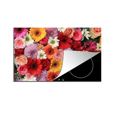 Produktbild von KitchenYeah© Herdabdeckplatte Blumen - Farben - Gerbera - Rosen , 90x52cm, Küche Deko, Glaskeramikkochfeld Herdabdeckung, Abdeckplatte fùr Kochfeld