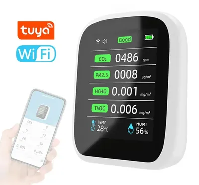 Produktbild von Smartes 8-in-1 Luftqualitätsmessgerät mit WLAN und App: CO2, PM2.5, PM1.0, PM10, TVOC, HCHO, Temperatur, Luftfeuchtigkeit