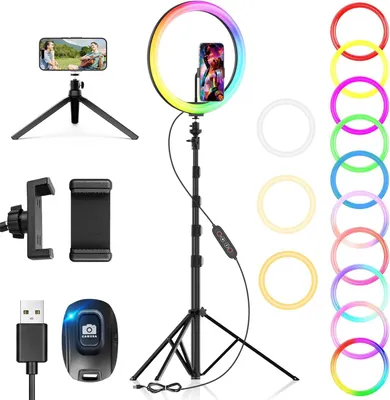 Image de Anneau lumineux de 12 pouces, avec 48 couleurs RGB, une hauteur de 186 cm, livré avec un trépied et un support pour téléphone, idéal pour les selfies
