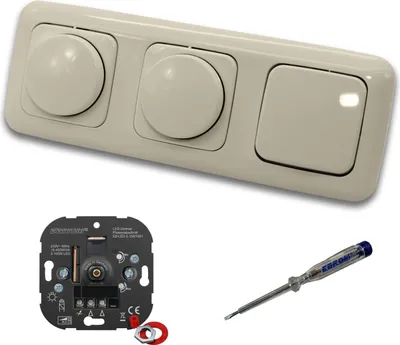 Produktbild von EBROM 1001 (2 x) LED Drehdimmer Dimmer + Busch Jäger Dimmerscheiben 2115-212 und Lichtschalter 2000/6 US in DURO2000 cremeweiß glänzend inklusive EBROM Phasenprüfer zur Montage der Geräte