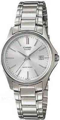A silver Casio watch with a metal band and a light gray dial.