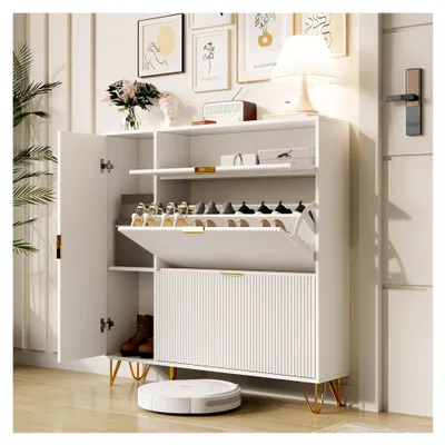 Produktbild von Schuhschrank mit 2 Klappen, 1 Türen und 1 Schublade, Schuhkommode und Schuhkipper schmal, Schuhregal für Flur oder Eingangsbereich, Platzsparend, 110x24x114.5 cm, Weiß