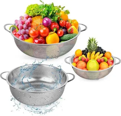 Obrázok produktu pre Sada troch sitiek Unyqoos® z kvalitnej nehrdzavejúcej ocele – sitká do kuchyne s mikroperforáciami a rukoväťou, s priemerom 19,5/25,5/28,5 cm, vhodné do umývačky riadu, na cestoviny, ryžu a zeleninu