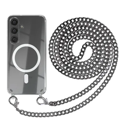 Produktbild von EAZY CASE Handykette kompatibel mit Samsung Galaxy S24, Kette zum Umhängen aus Metall, Silikonhülle mit Band, stoßfest, mit MagSafe in Grau