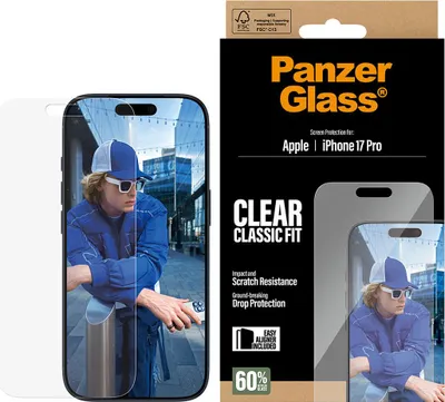 Zdjęcie produktu dla PanzerGlass ® Screen Protector iPhone 17 Pro | Classic Fit w. EasyAligner, Apple, Apple - iPhone 17 Pro, Aplikacja na sucho, Odporny na zadrapania, Odporny na wstrząsy, Przezroczysty, 1 szt.