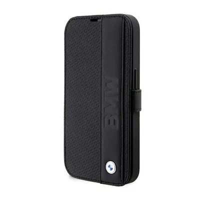 A black BMW branded iPhone case is shown against a white background.