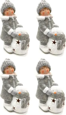 Produktbild von Winterkind Junge mit LED Schneemann 27cm Dekofigur Weihnachtsdeko 4 Stück